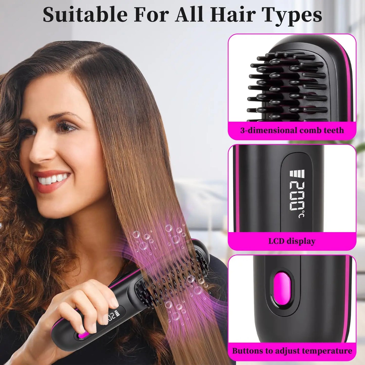 Brosse lissante sans fil nomade – anti‑frisottis, recharge USB‑C, chaleur douce