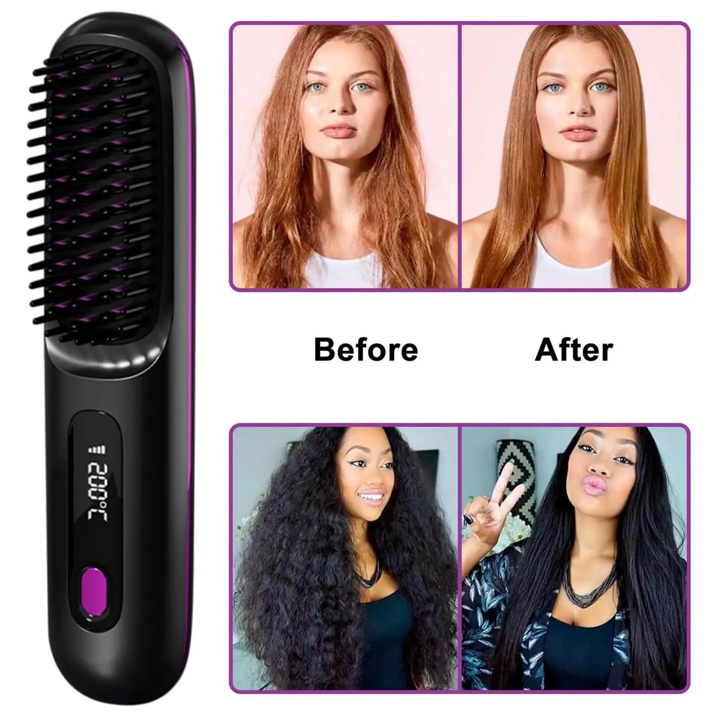 Brosse lissante sans fil nomade – anti‑frisottis, recharge USB‑C, chaleur douce