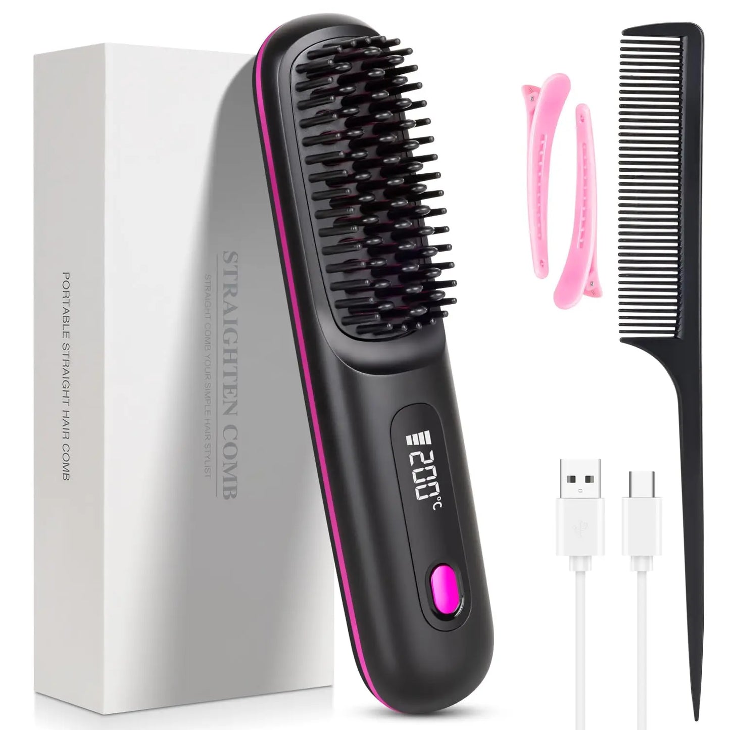 Brosse lissante sans fil nomade – anti‑frisottis, recharge USB‑C, chaleur douce